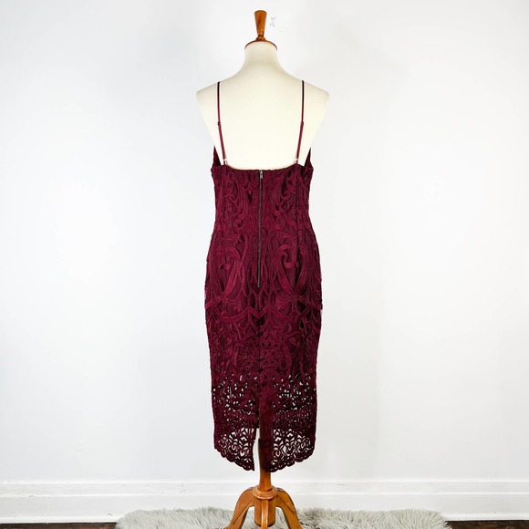 Bardot Gia burgundy red lace embroidered mesh cocktail midi dress size 10 - Picture 3 of 8